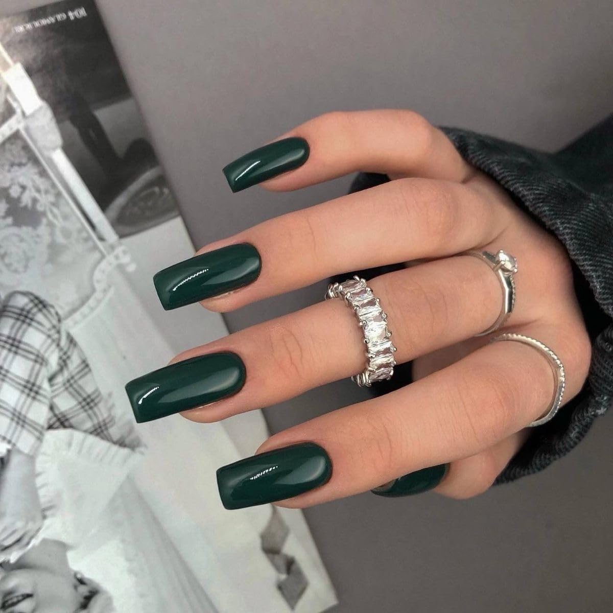 SXVME Dark Green Press on Nails Long Square, Forest Green False Nails Coffin