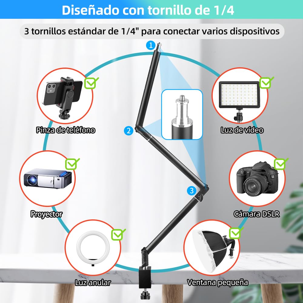 MS05 Soporte Superior para Cámara, 37-104cm Soporte de Escritorio para Cámara, Brazo Articulado Desmontable de 3 Secciones con rótula de 1/4" para DSLR, Webcam, Proyector