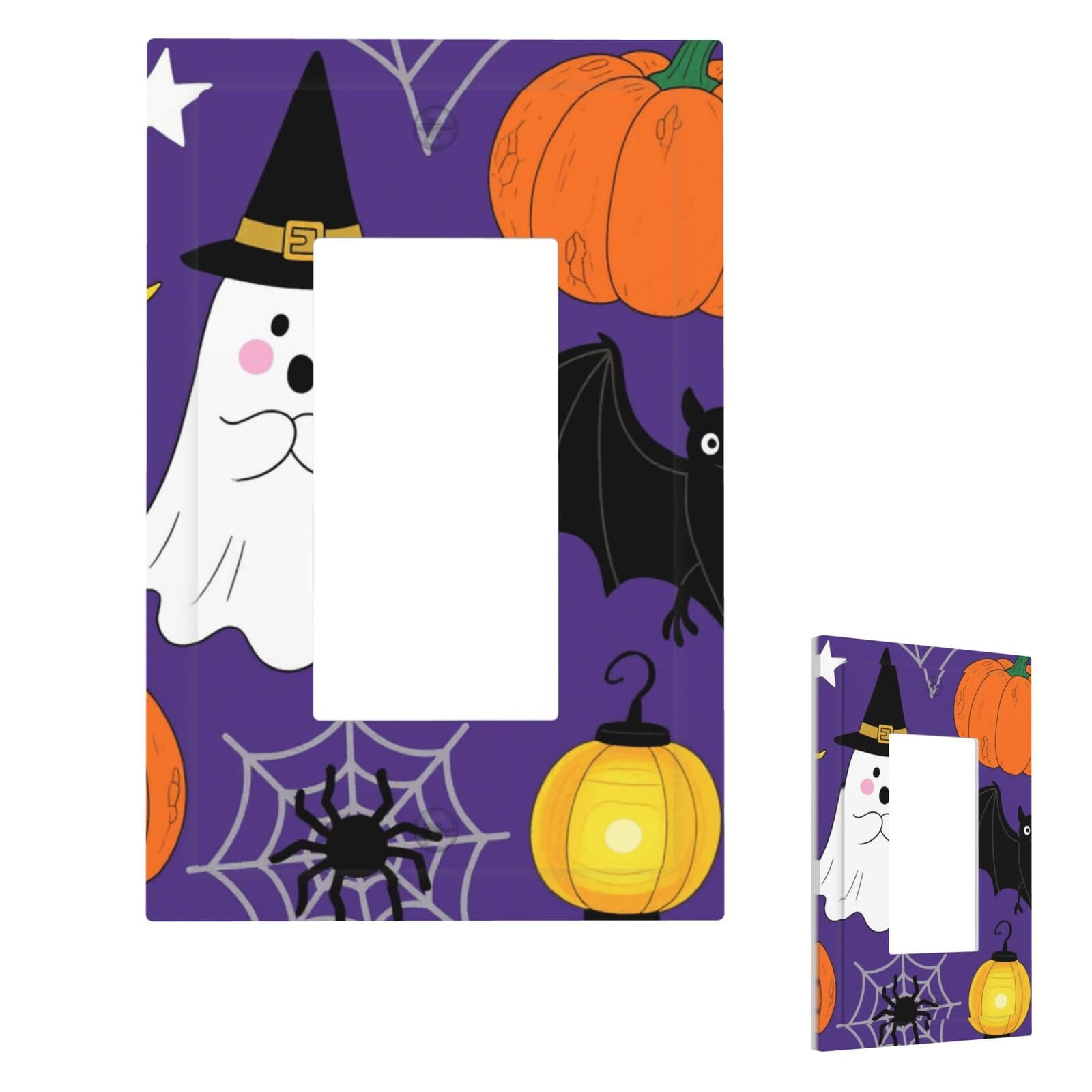 Fekiloot 1 Gang Ghost Pumpkin Moon Bat Spider Web Wall Plate Cover Modern Decorative Light Switch Cover Unbreakable Receptacle Outlet Covers For Living Room Bedroom Home Decor