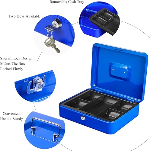 Miniatura 5 de Jssmst Caja de efectivo grande con cerradura de llave, caja de metal duradera con bandeja de dinero, 11.81 x 9.84 x 3.46 pulgadas (XL, azul)