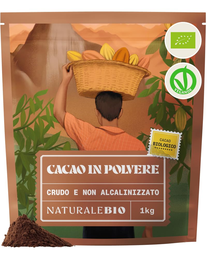 NaturaleBio Cacao Biologico in Polvere 1kg. Naturale e Puro da Fave Crude. Non Zuccherato. Prodotto dalla pianta Theobroma Cacao. Lavorato a Basse Temperature. Testato per Metalli Pesanti