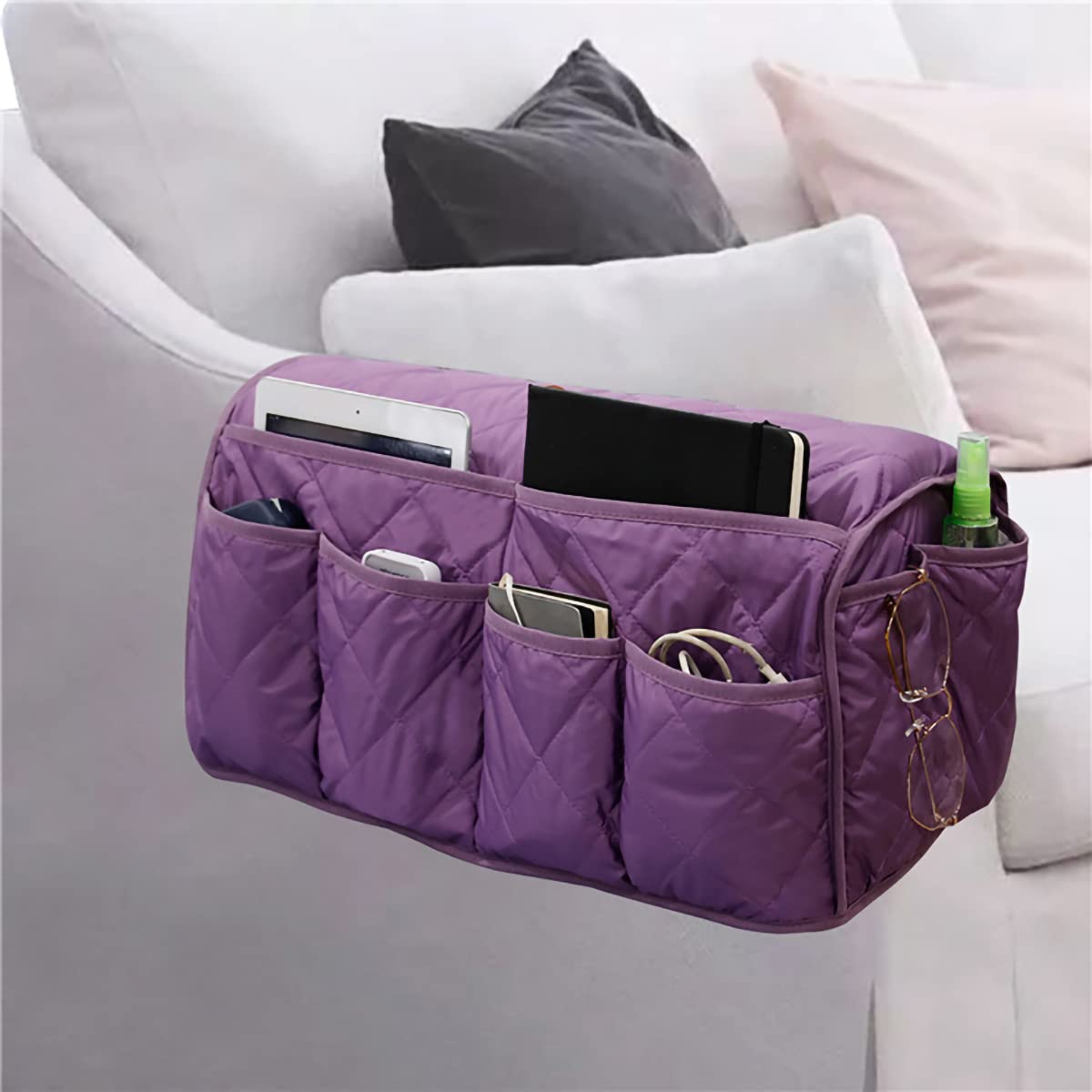 Armchair Caddy for Recliner Sofa Remote Control Holder Organizer for Recliners Purple Sofa Armrest Cover with 14 Pockets for Armchair Organizer