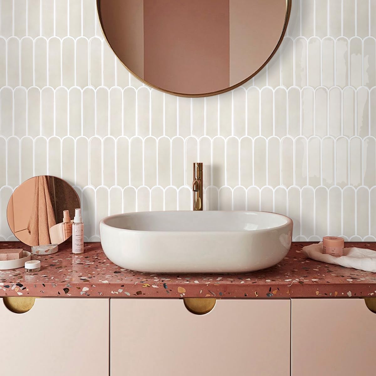 Commomy Gruesas Azulejos Adhesivos Cocina, 10 Piezas, Crema Vinilo Pared Cocina Baldosas Adhesivas 3D para Pared Baño Metro, Adhesivas Fuertes, Impermeables, 30,5 x 30,5 cm