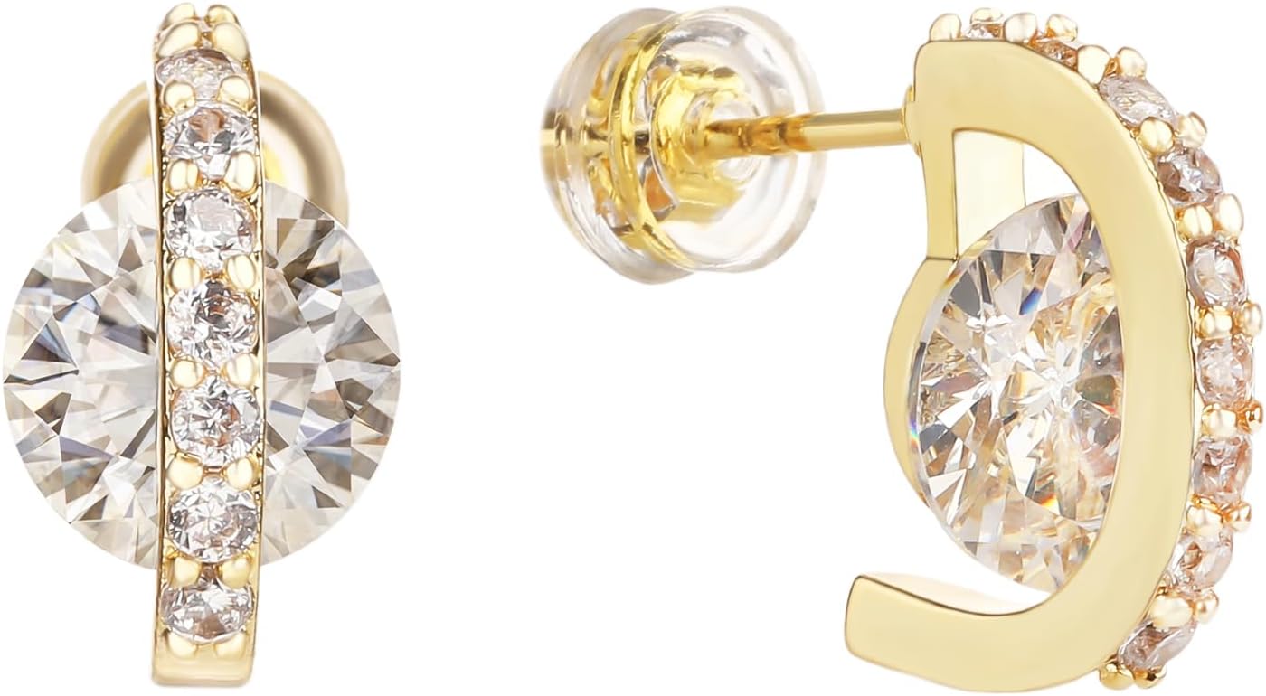 18K Gold-Plated Half-Circle Stud Earrings with 8.0mm Cubic Zirconia for Women | Fashionable Women's Gold Stud Earrings