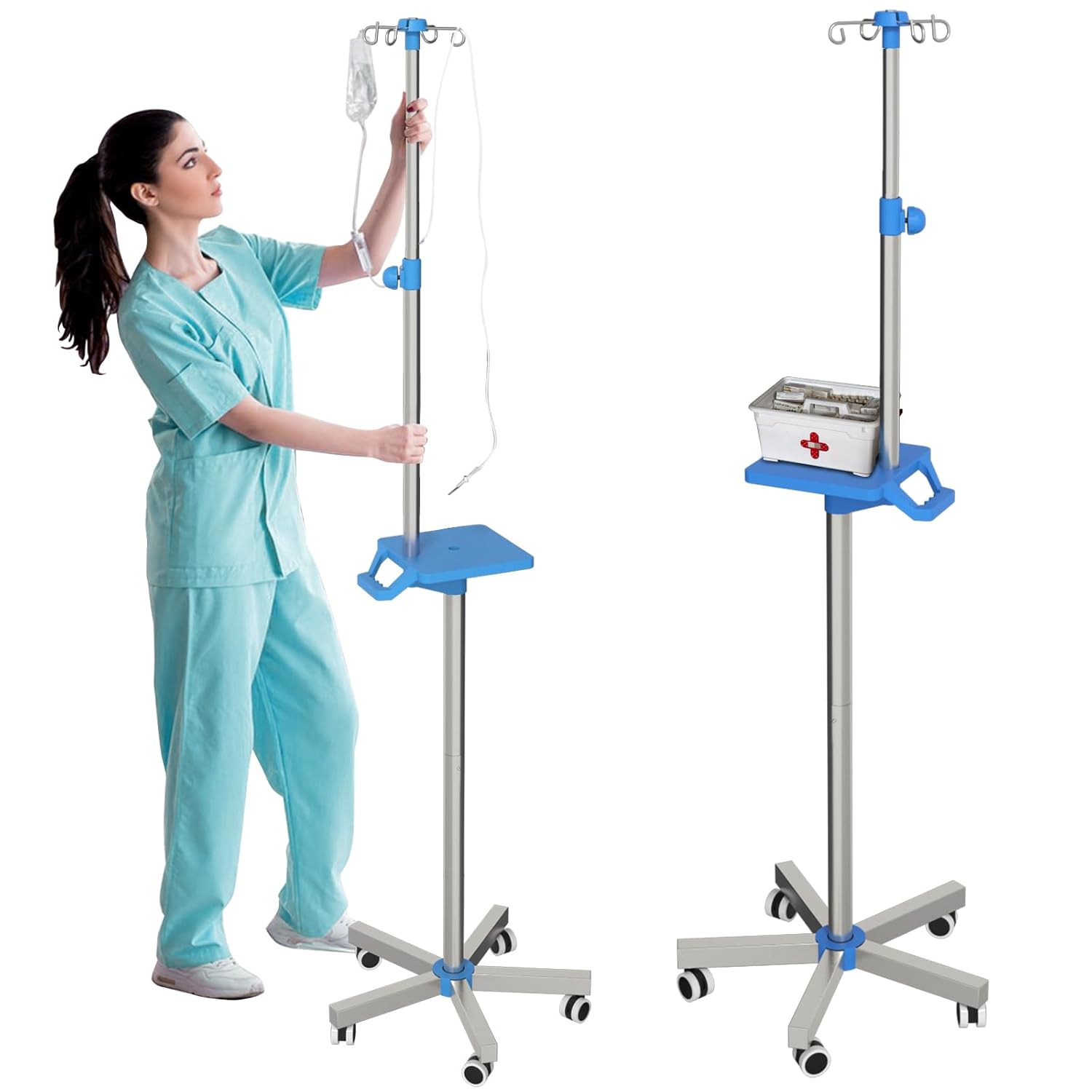 Rolling IV Pole with Tray - Stainless Steel 4 Hooks IV Stand with Wheels Height Adjustable for Clinic Home Care 1