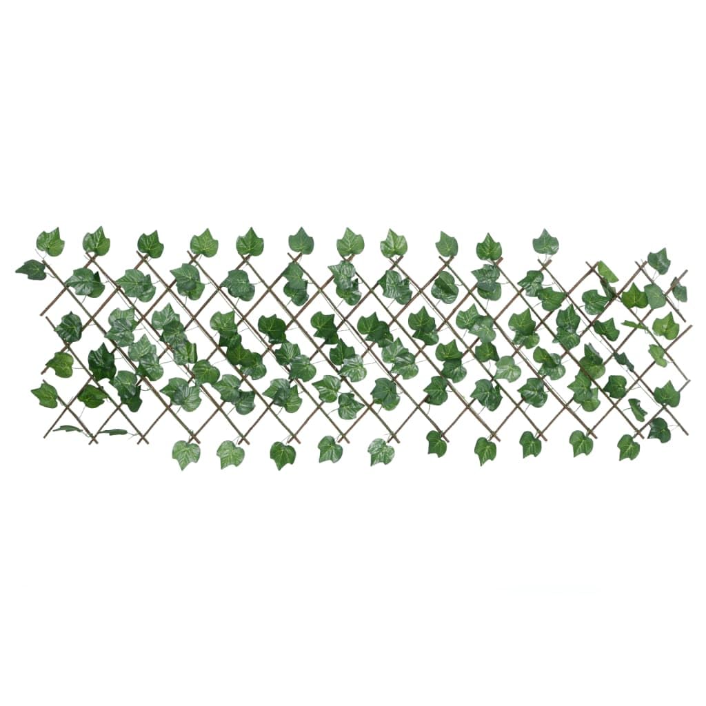 Treillis de Feuille de Vigne Artificiel Extensible 190x60 cm, Haie de Jardin Bois et PVC pour Brise-vue et Décoration Murale, Clôture Extérieure avec 130 Feuilles Vertes
