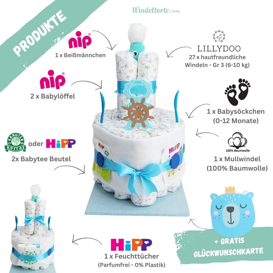 com – Windelschiff für Jungen in Blau - inkl. 23 LILLYDOO Windeln | Geschenk zur Geburt | Taufgeschenk | Geschenk zur Babyparty – Handgefertigte Windeltorte (Junge)