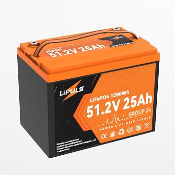 51.2V 48V 25Ah LiFePO4 Battery, BCI Group 24 Lithium Battery, Deep Cycle Battery with 50A BMS, 2560W Load Power, Up to 15000 Cycles & 10-Year Lifespan for Trailer RV, Marine, Camping, Solar System
