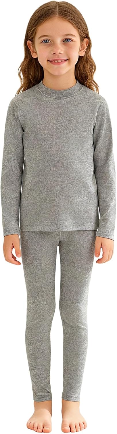 TiaoBug Kids Girls Compression Shirt Leggings Fleece Lined Undershirts And Pants Thermal Underwear Set Gray 13-14 Years