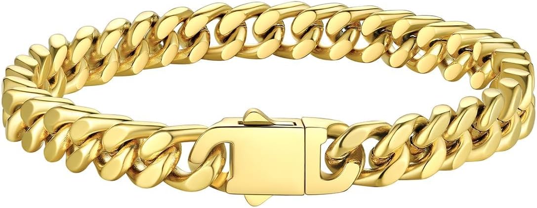 Bestyle Thick Mens Cuban Link Chain Bracelets, Durable Real 18K Gold/Black Metal Plated Solid Stainless Steel Hand Chain Cuban Bracelets for Men, Silver Black Gold Bracelets for Father Husband