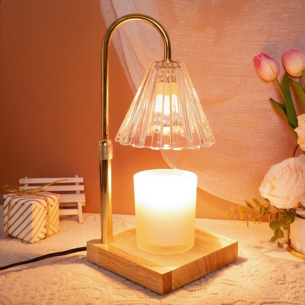 Candle Warmer Lamp with Timer Dimmable, Clear Wax Melt Warmer Adjustable Height Warmer Lamp for Jar Candles, Original Wood Base for Home Decor Birthday