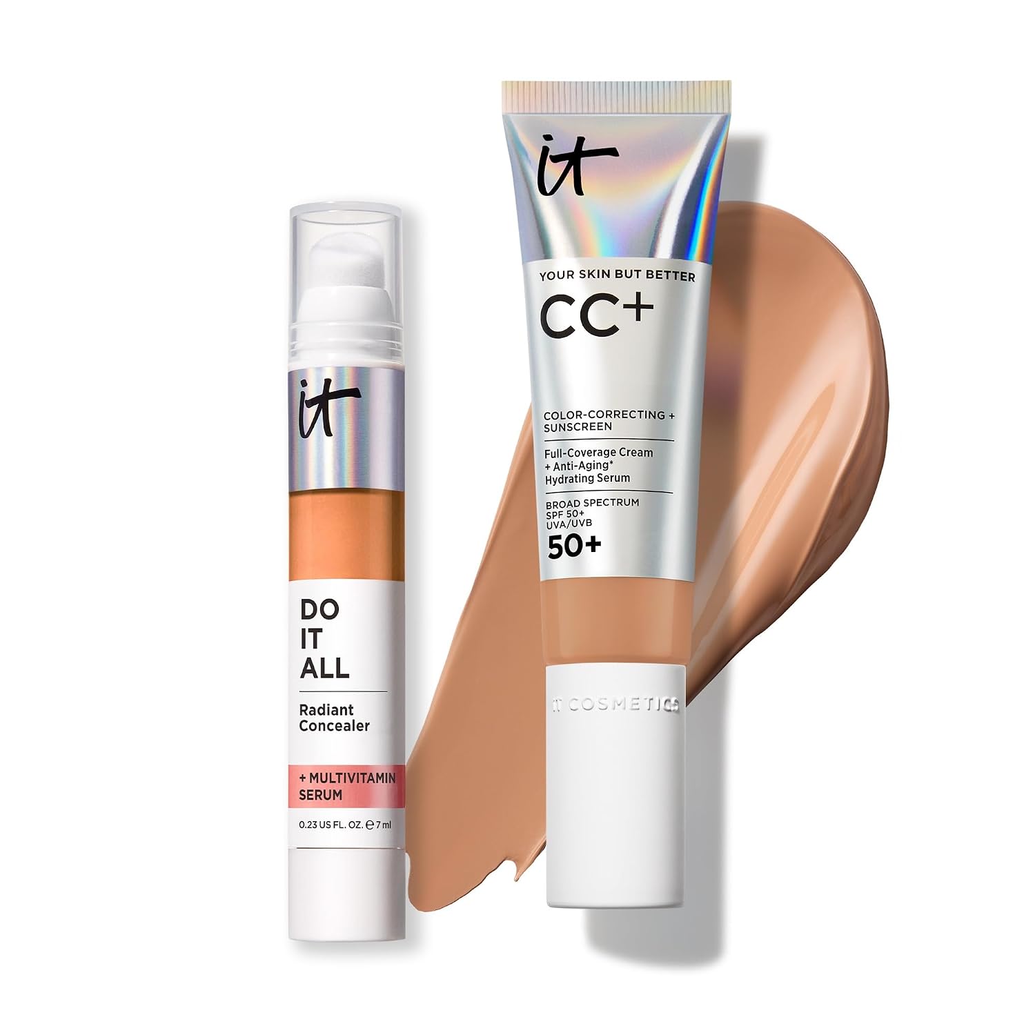 IT Cosmetics CC+ Cream with SPF 50+ Natural Finish Full Coverage Foundation (Tan - 1.08 fl oz) & Do It All Radiant Concealer Multivitamin Serum Makeup (410 Tan Neutral - 0.2 fl oz)