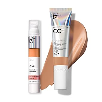 IT Cosmetics CC+ Cream with SPF 50+ Natural Finish Full Coverage Foundation Tan - 1.08 fl oz & Do It All Radiant Concealer Multivitamin Serum Makeup 410 Tan Neutral - 0.2 fl oz