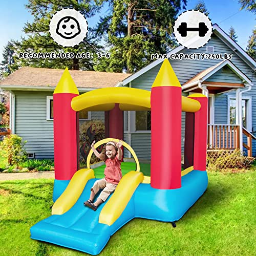 Inflatable Bouncer Castle Jumping Bounce Kids Playhouse Include Large Bouncing Area with Coated Jump Surface,Long Fun Slide,Basketball Hoop,Protective Net,Storage Bags,for Ages 3-6