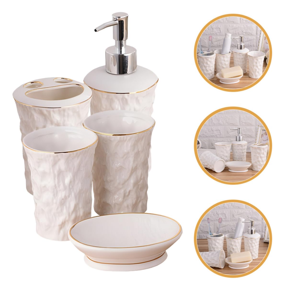 Set Accessori Bagno in Ceramica Beige Bordo Dorato