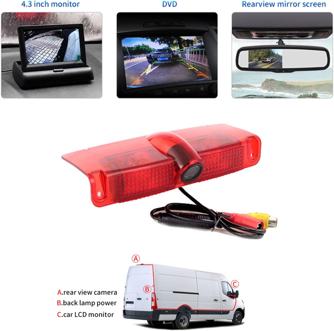 3rd Brake Light Rear View Camera, High Mounted Backup Camera, Reverse Camera Replacement, Standard AV RCA, Express Van Accessories, Compatible with Chevy Express Van & GMC Savana Van 2003-2017