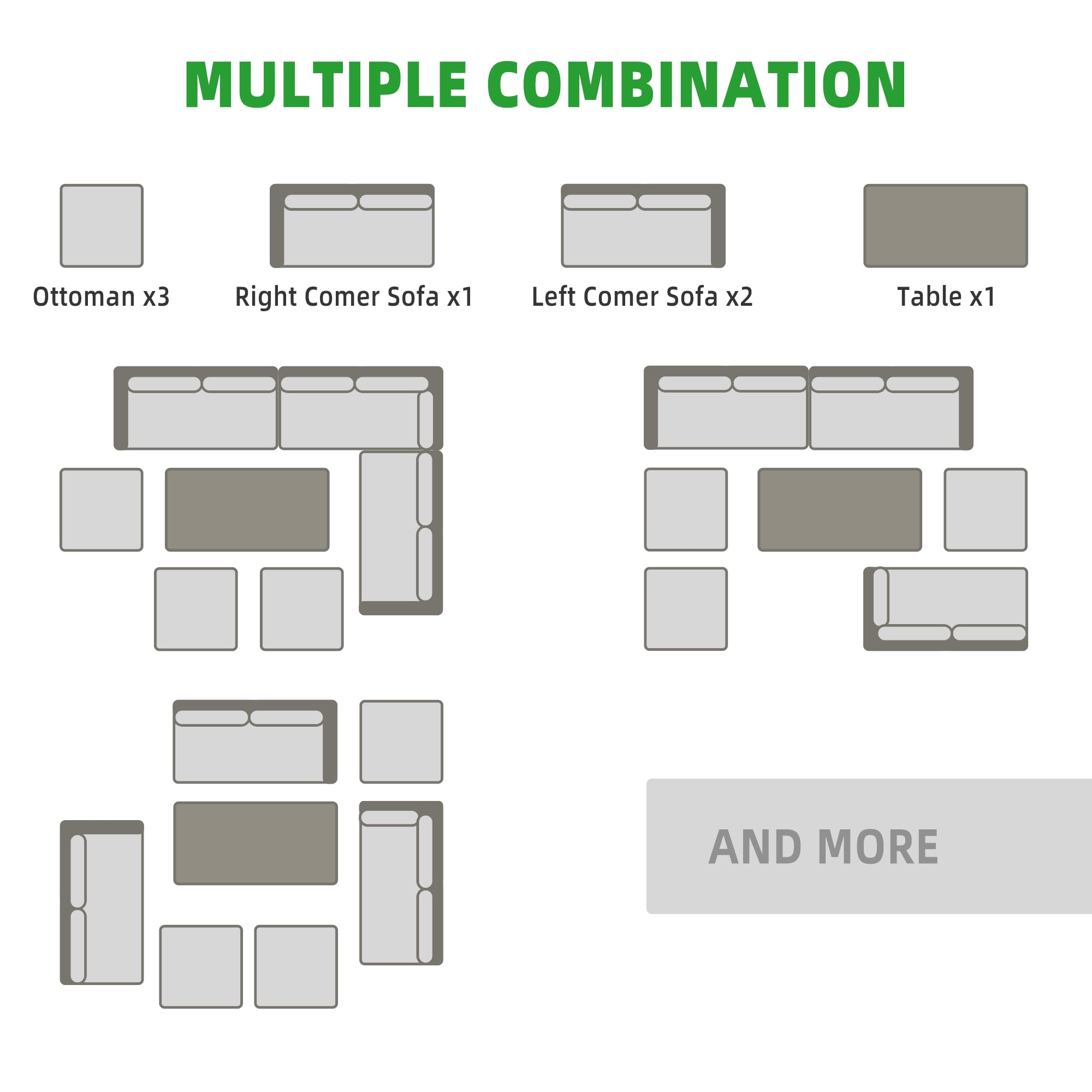 Diagram showing dimensions of sofa sections, table, and ottoman