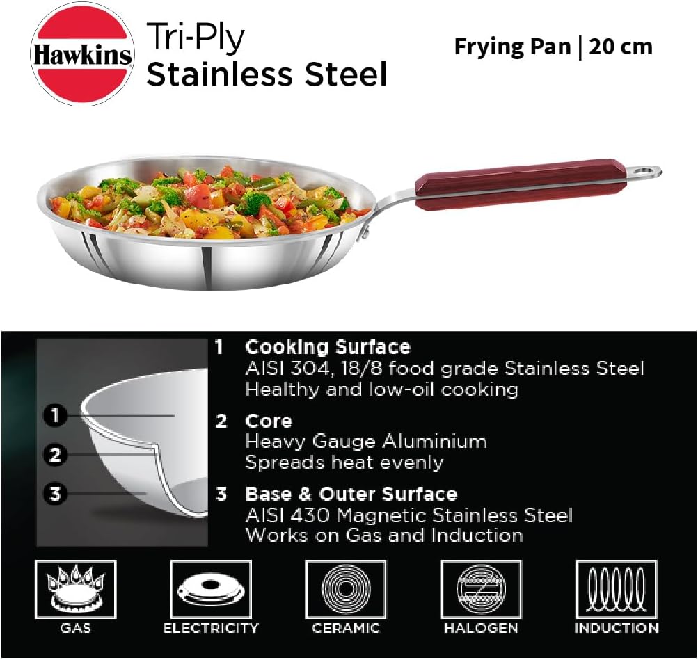 Hawkins 20 cm Frying Pan, Triply Stainless Steel Fry Pan, Induction Compatible, Silver