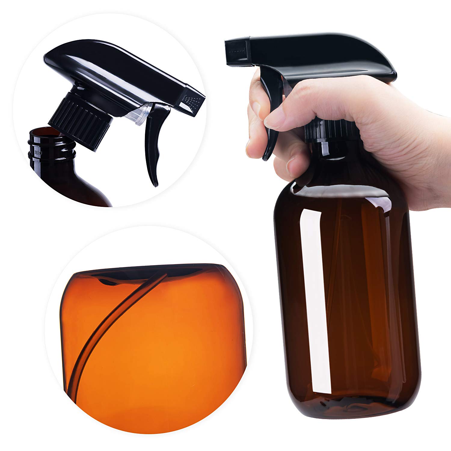 16oz Amber Plastic Bottles with Black and White Trigger Sprayers, Refillable PET Trigger Containers with Mist & Stream for Cleaning Products, BPA Free, 2 Pack