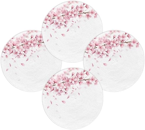 Juego de 4 manteles individuales redondos con diseño floral rosa, lavable, tejido con diseño de flor de cerezo, flor de sakura, rama de árbol,