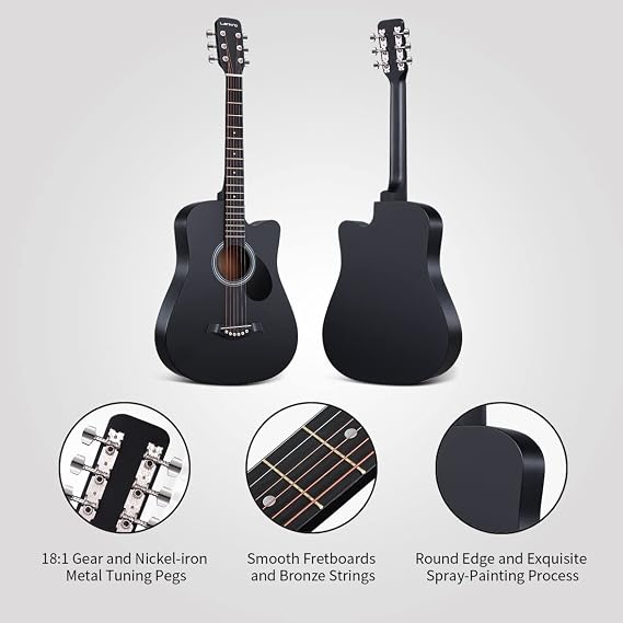 38 inch Guitar Black Acoustic Guitar Beginner kit Adult Cutaway Acoustic Guitar Guitarras Starter Set Bundle with Padded Gig Bag, Strap, Capo, Strings, Picks