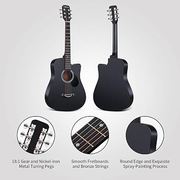 38 inch Guitar Black Acoustic Guitar Beginner kit Adult Cutaway Acoustic Guitar Guitarras Starter Set Bundle with Padded Gig Bag, Strap, Capo, Strings, Picks
