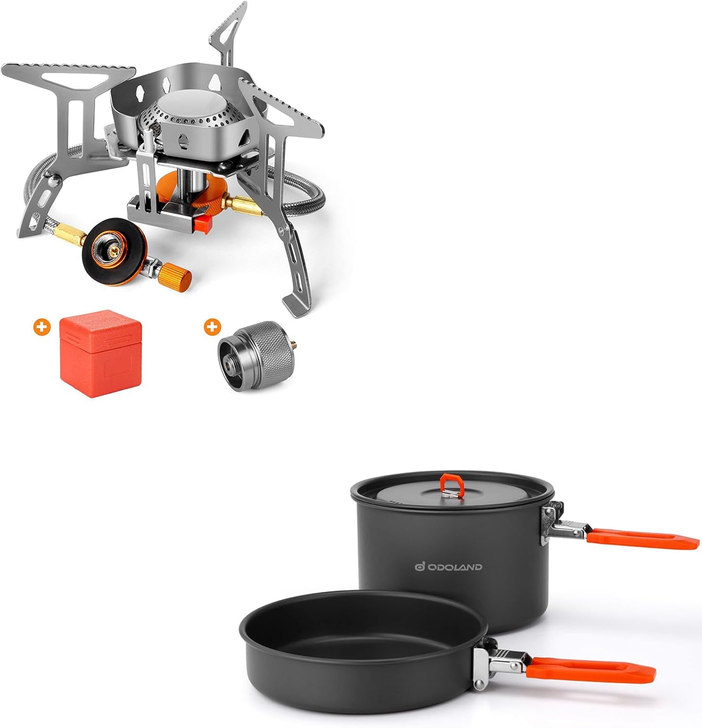 Odoland Bundle 2 Items 3500W Windproof Camp Stove and Camping Cookware Mess Kit