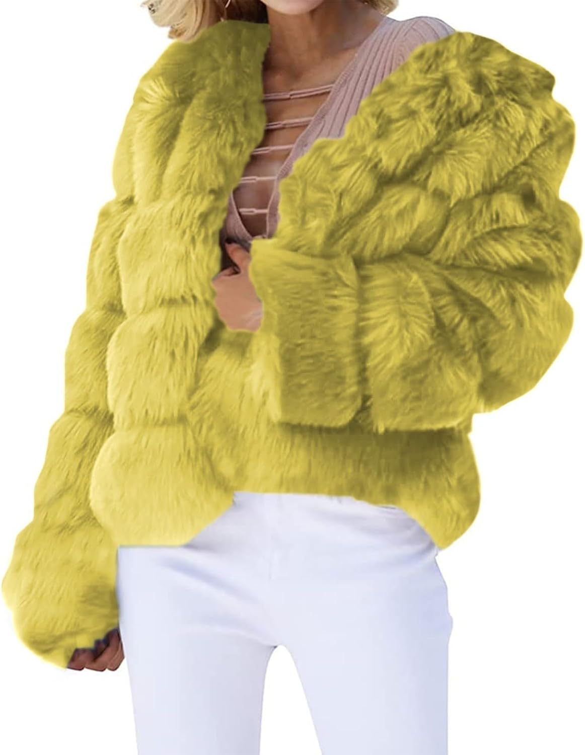 Women's Faux Fur Cropped Jacket 2024 Fall Winter Fashion Soft Long Sleeve Open Front Fluffy Fur Short Coat Outerwear