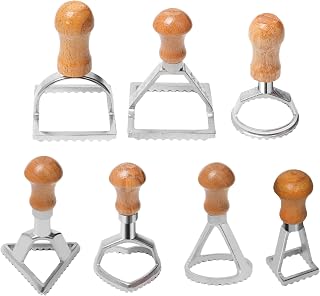 7 Pcs Dumpling Press Cutter Set, Metal Dumpling Skin Molds with Lace Design, Wood Handle Ravioli Stamp, Kitchen Tool for Making Cookies, Pastry and Dumplings at Home and in the Kitchen