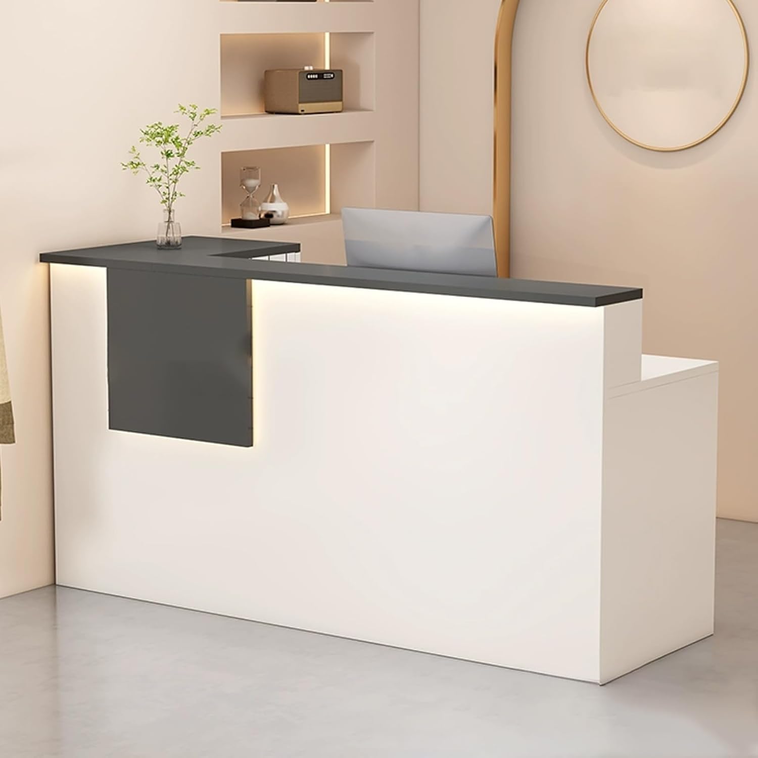 Reception Desk, Front Counter Desk, Checkout Counter, Modern Reception Counter with Lockable Drawer and Keyboard Holder, Reception Room Tables, for Checkout Office/Beauty Salon/Lobby(White+Gray