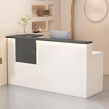 Reception Desk, Front Counter Desk, Checkout Counter, Modern Reception Counter with Lockable Drawer and Keyboard Holder, Reception Room Tables, for Checkout Office/Beauty Salon/LobbyWhite+Gray