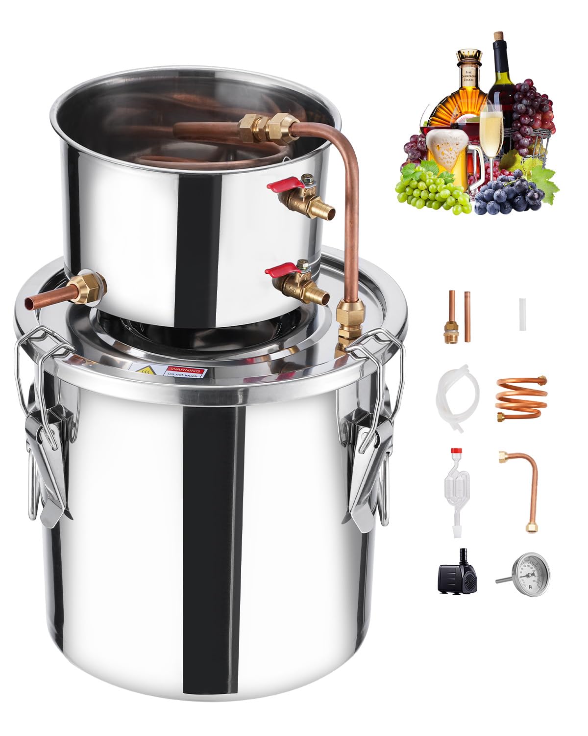 VEVOR Distillatore di Alcool 11,4 L Distillatore di Alcool Acqua in Acciaio Inossidabile con Bobina di Rame, Kit di Fermentazione per Raffinazione Birra Fatta in Casa con Termometro e Pompa, Argento