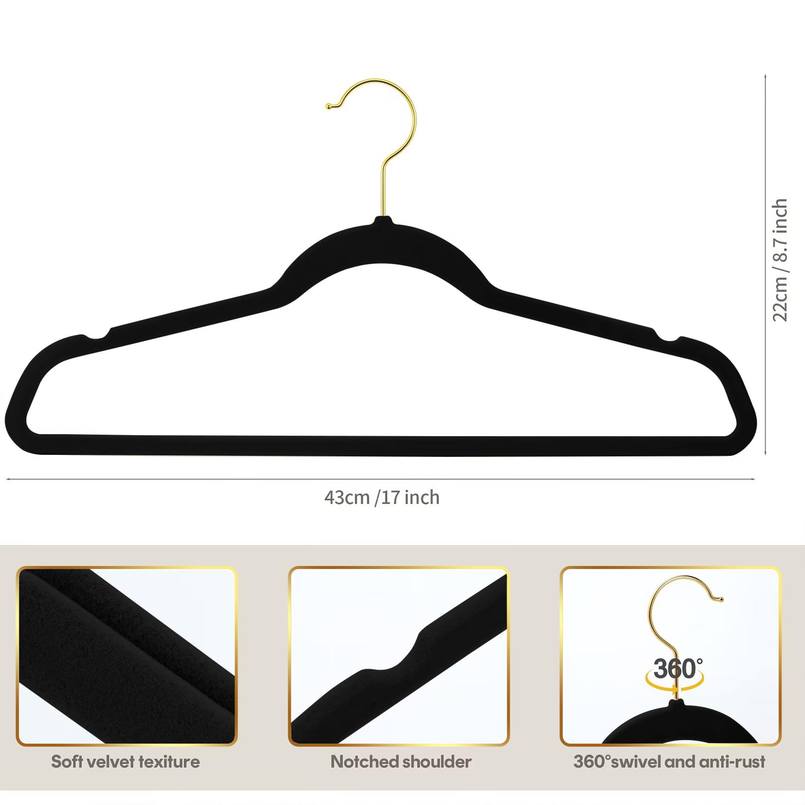 Confezione da 36 grucce in velluto di alta qualità con ganci dorati, salvaspazio, antiscivolo, resistenti, per cappotti, abiti, abiti e maglioni, design sottile, organizer per armadio (nero +