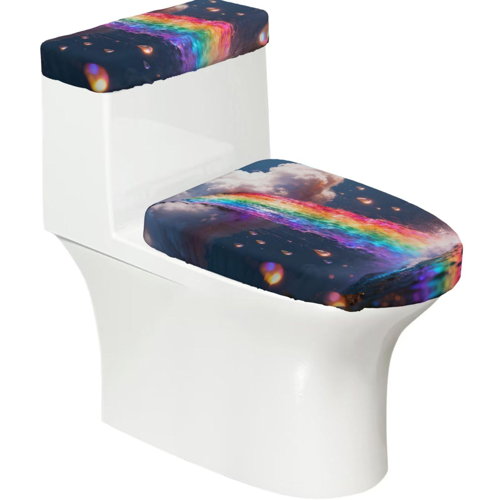 Colorful Waterfall Elastic Toilet Cover Set of 2-Stretchy Lid and Tank Covers for Bathroom, Soft Washable U Shape Toilet Decor