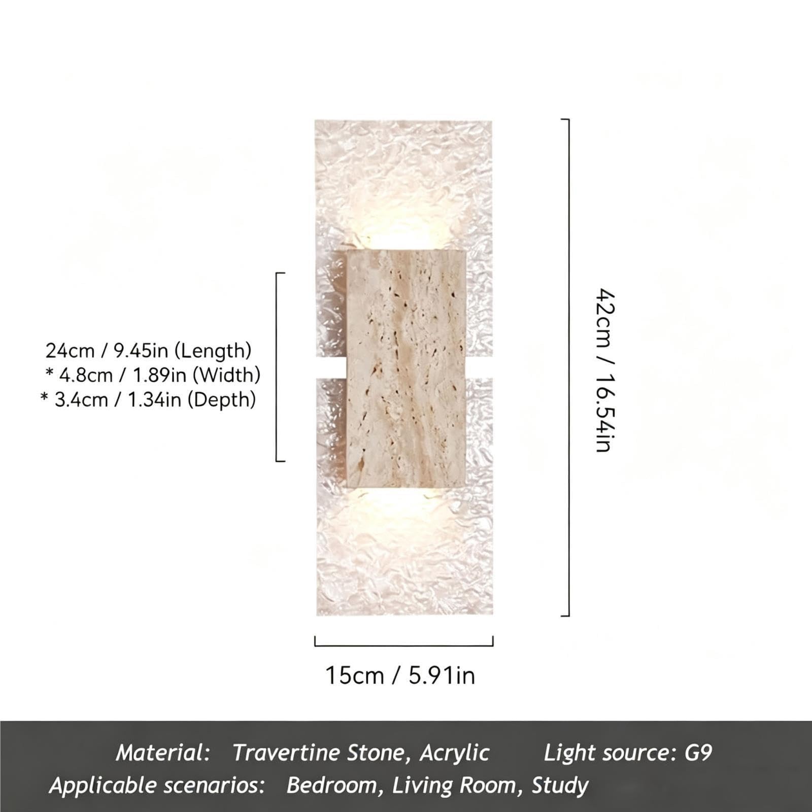 Sconce da parete in travertino e acrilico, lampada moderna verso l'alto