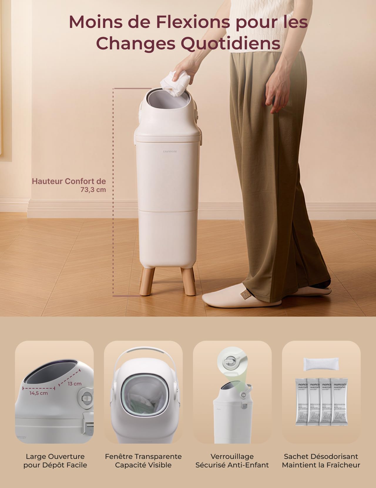 Momcozy Poubelle à Couches avec Contrôle des Odeurs Breveté à Triple Joint, Grande Capacité