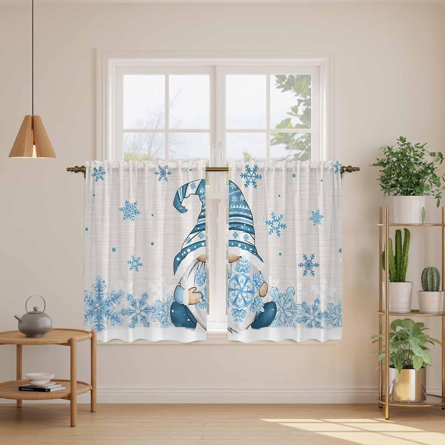 Blue Gnomes Christmas Kitchen Curtains 45 Inch Long 2 Panel Set, Rod Pocket Window Treatment, Blue Xmas Snowflake Winter Rustic Light Filtering Short Curtains & Drapes for Bathroom Laundry 52"W x 45"L