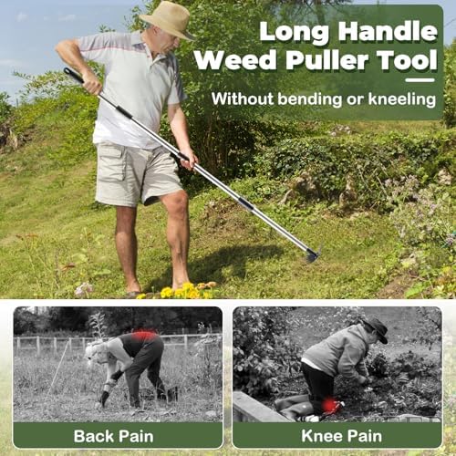 NICOFPHY Weed Puller Tool with Long Handle - 60" Manual Weeder Remover Tool, 2 in 1 Hand Weed Rake and Garden Hoe for Gardening, Heavy Duty Uprooting Weeding Pull for Yard, Lawn, Patio and Garden - 2
