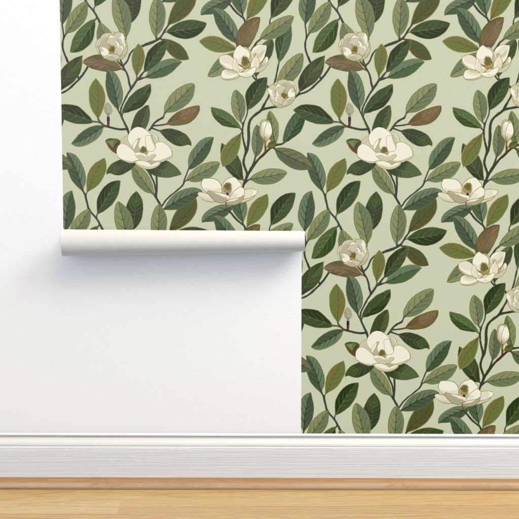 Spoonflower Removable Wallpaper Swatch - Magnolia Blooms Green White Flowers Botanical Floral Custom Pre-Pasted Wallpaper