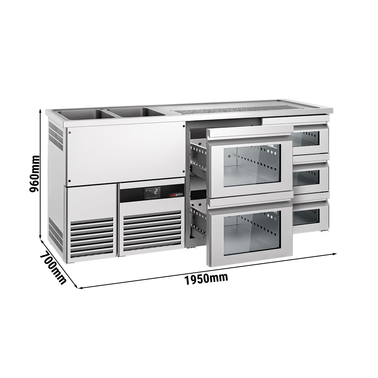 GGM Gastro | BLF207D#SG13#SG12 | Biertheke PREMIUM - 1950x700mm - 5 Glasschubladen