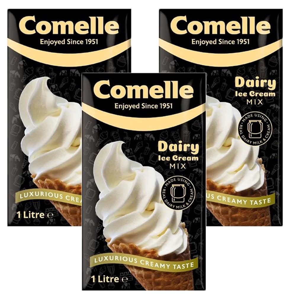 Comelle Real Dairy Ice Cream Mix Creamy Soft Serve 1L Pack of 3 Instant Ready to Freeze UHT Long Life Cream Skimmed Milk Sundea Mouse Dessert with Welari Thank You Card | (3pack) (3L)