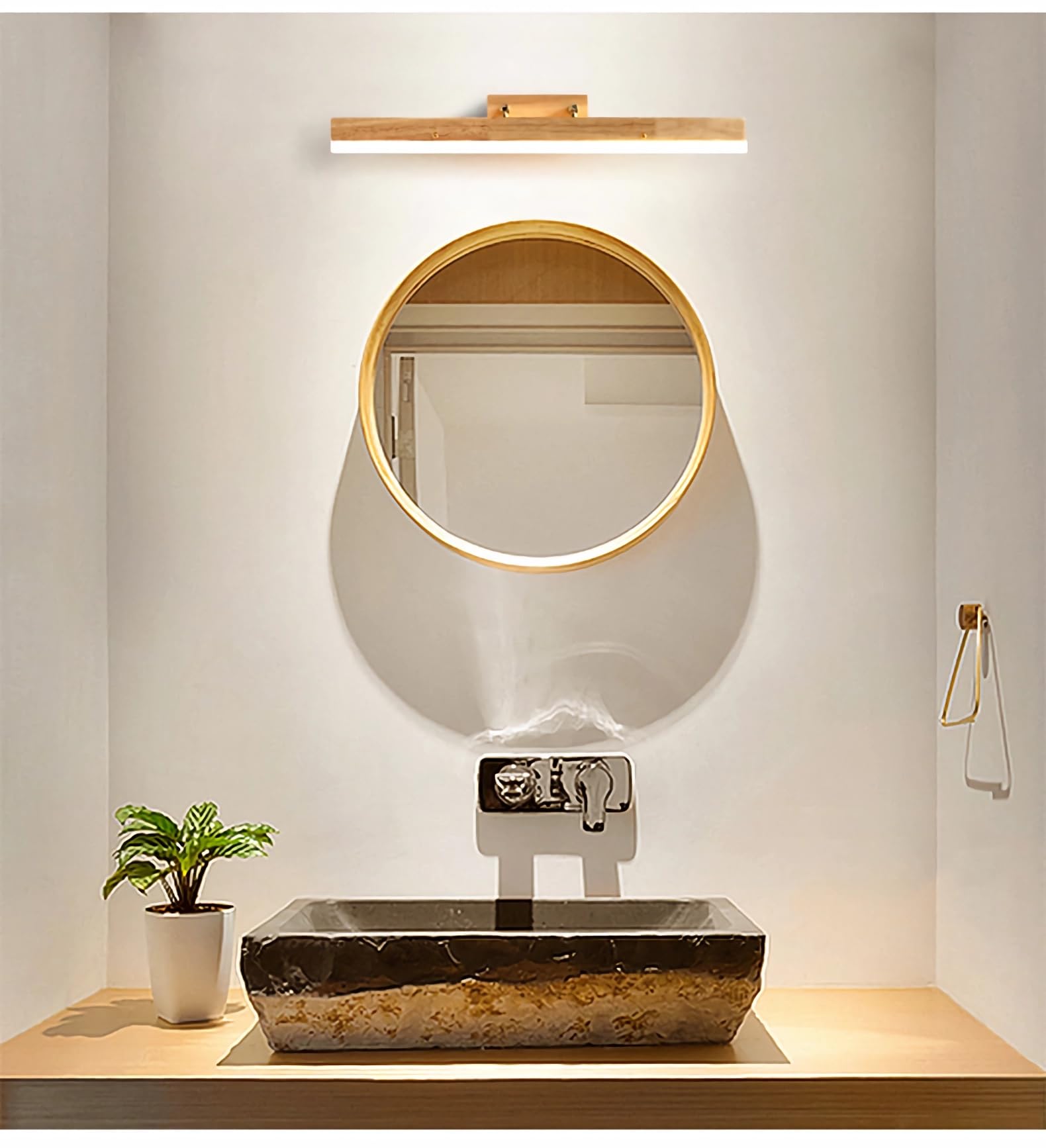 Spiegellampe Badezimmer LED Wandleuchte Lineare Holz Modern Minimalistisch Spiegelleuchte Wandlampe für Toilette Bad Schlafzimmer Flur Lampe Acryl Leuchte (Holzfarbe, Länge 40cm, Warmweiß 3000K)
