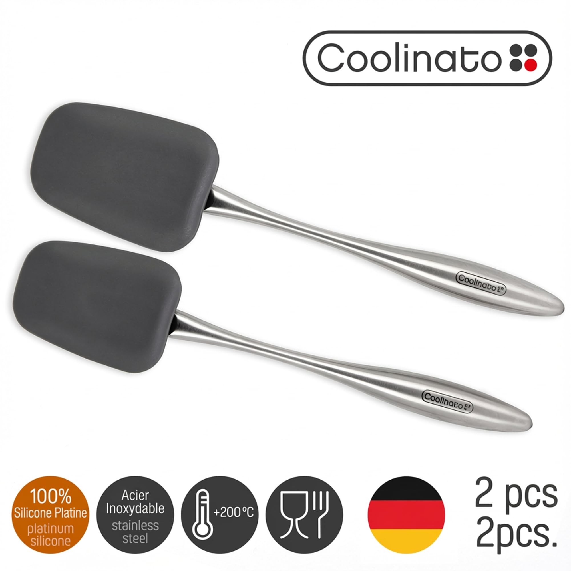 Coolinato Spatules en silicone et acier inoxydable, Set de 2 pièces 25,5cm et 29cm, Cuillère pour la cuisine et la pâtisserie sans dpa