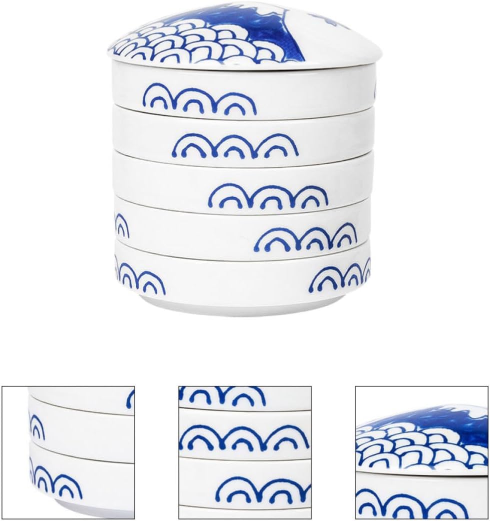 Portable Multi-Purpose Ceramic Paint Tray with 5 Layers Design and Convenient Storage, Blue Color Palette for Painting at Home and Students, Watercolor Mixing Palette