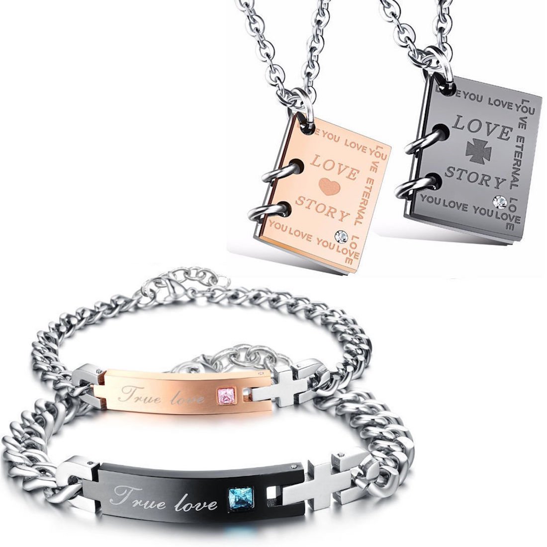 Kim Johanson Edelstahl Pärchen Schmuckset Armbänder & Ketten "Happiness" für verliebte Roségold & Schwarz mit Cubic Zirkonia inkl. Schmuckbeutel