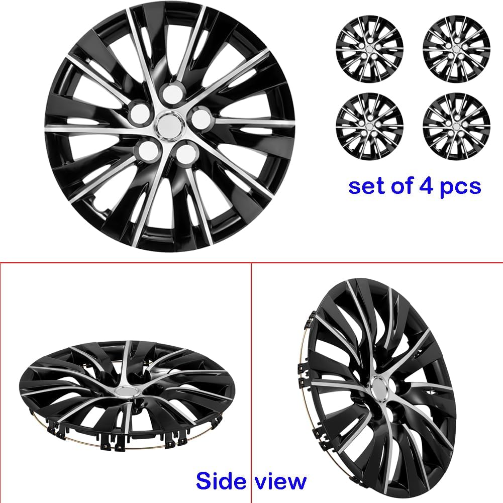 16 Inch Wheel Covers, Hubcaps Set of 4, Hub Cover Fit for R16 Rim, Wheel Trim Cover, Black Silver Two Tone