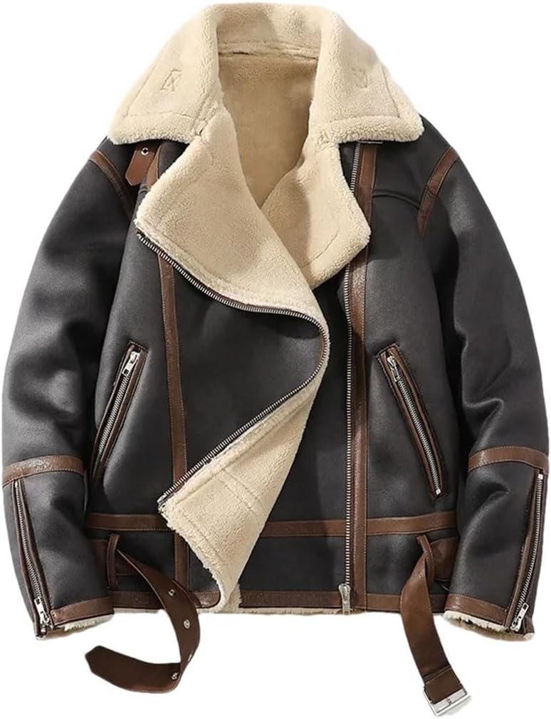 Men Leather Thick Jacket Patchwork Faux Lamb Wool Fur Turn-Down Collar Coat