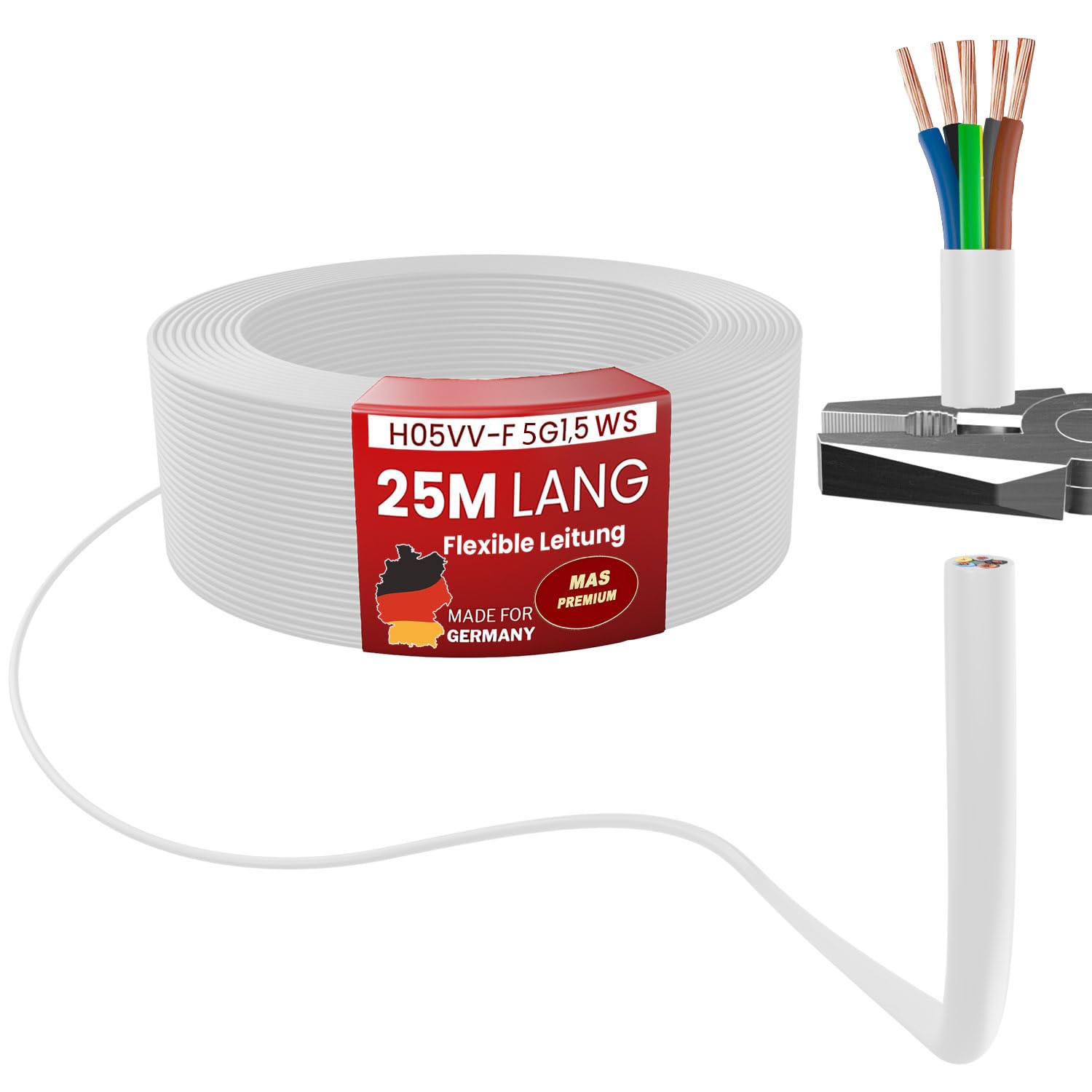 MAS Premium Przewód węża z tworzywa sztucznego H05VV-F 2, 3, 4 lub 5 x 0,75; x1; x1,5 lub x2,5 elastyczny przewód, kabel do urządzeń (H05VV-F 5G1,5 WS, 25 m)