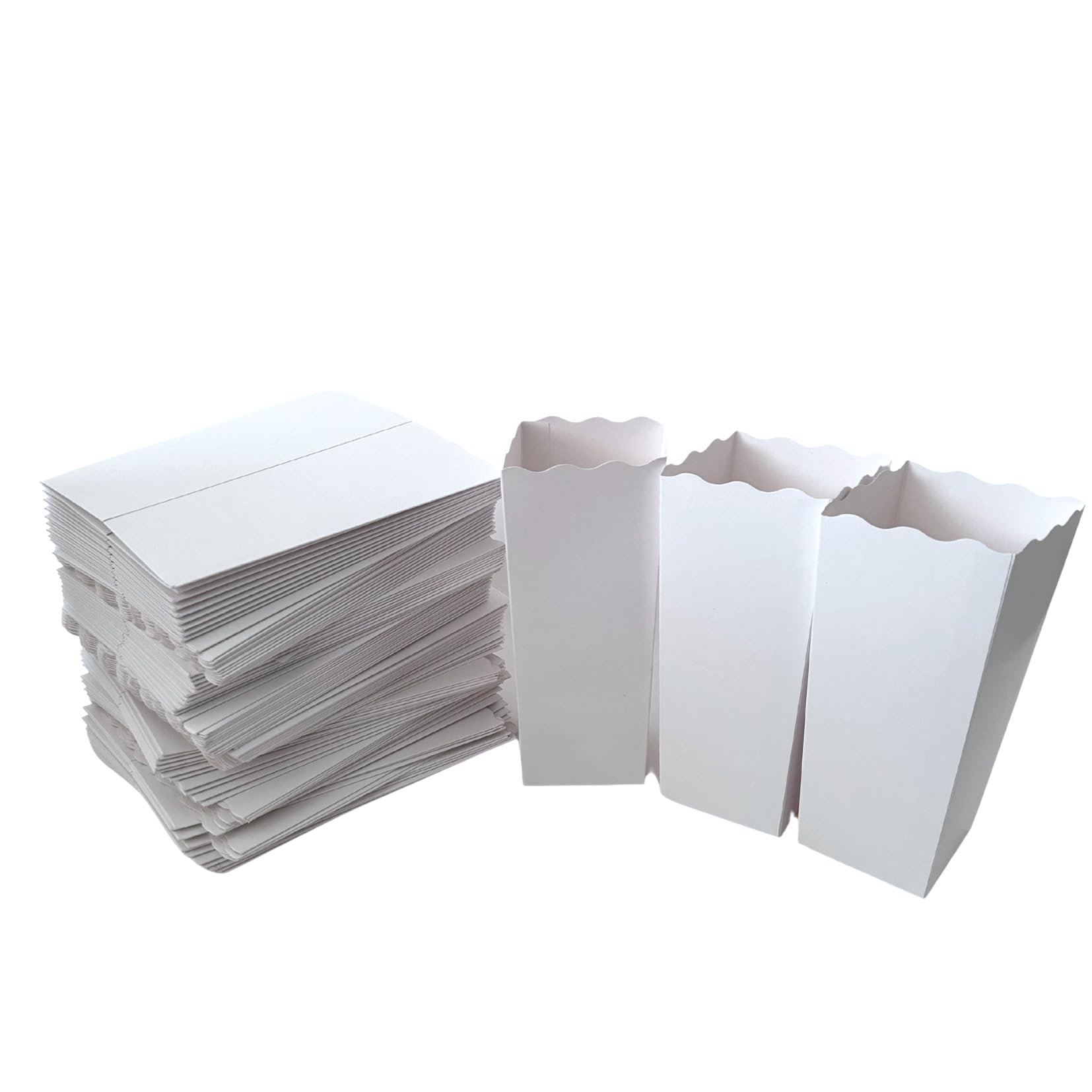 Paquete de 100 cajas de palomitas de maíz blancas, 7.75 pulgadas de alto, contenedor desechable de cartón para fiestas, noche de cine, aperitivos, decoraciones