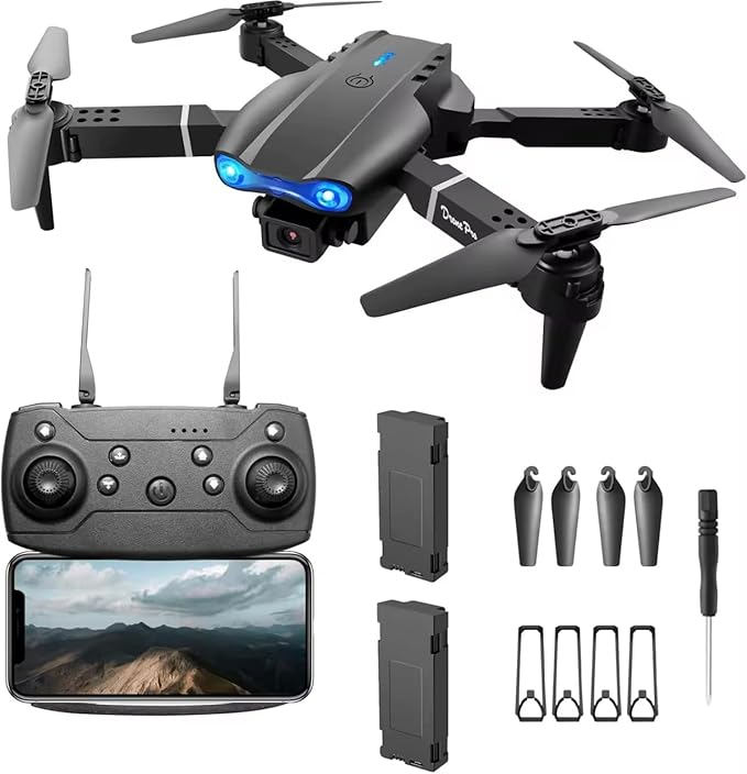 BEGINNER - Dron GPS E99 Pro plegable mini dron 1080P Pro cámara dual, dron de video en vivo RC Quadcopter aviones, 2 baterías de 500 mAh, mando a distancia, funda de transporte.